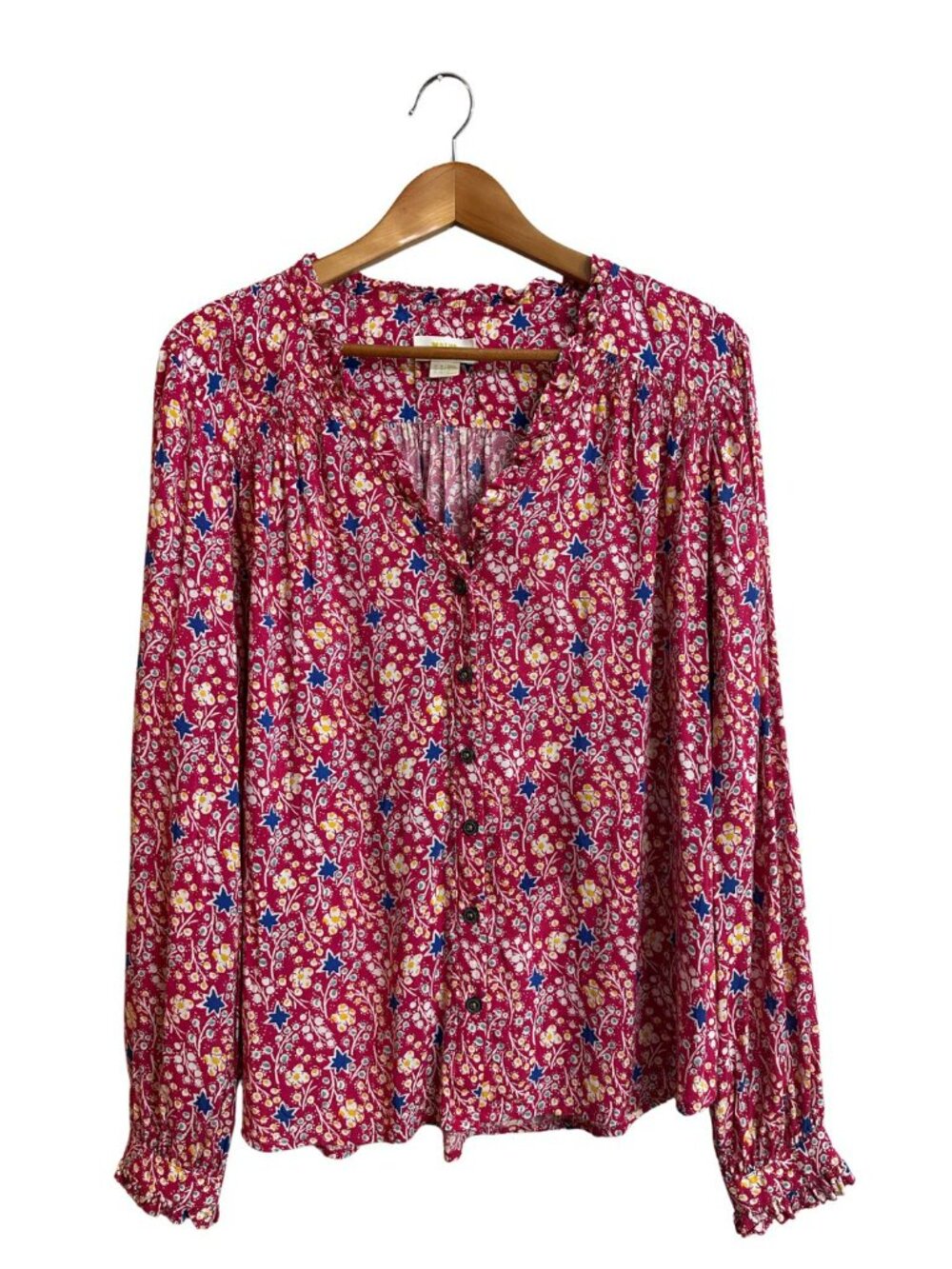 Maeve Anthropologie Pink Floral Boho Ruffle Button Blouse Size 12